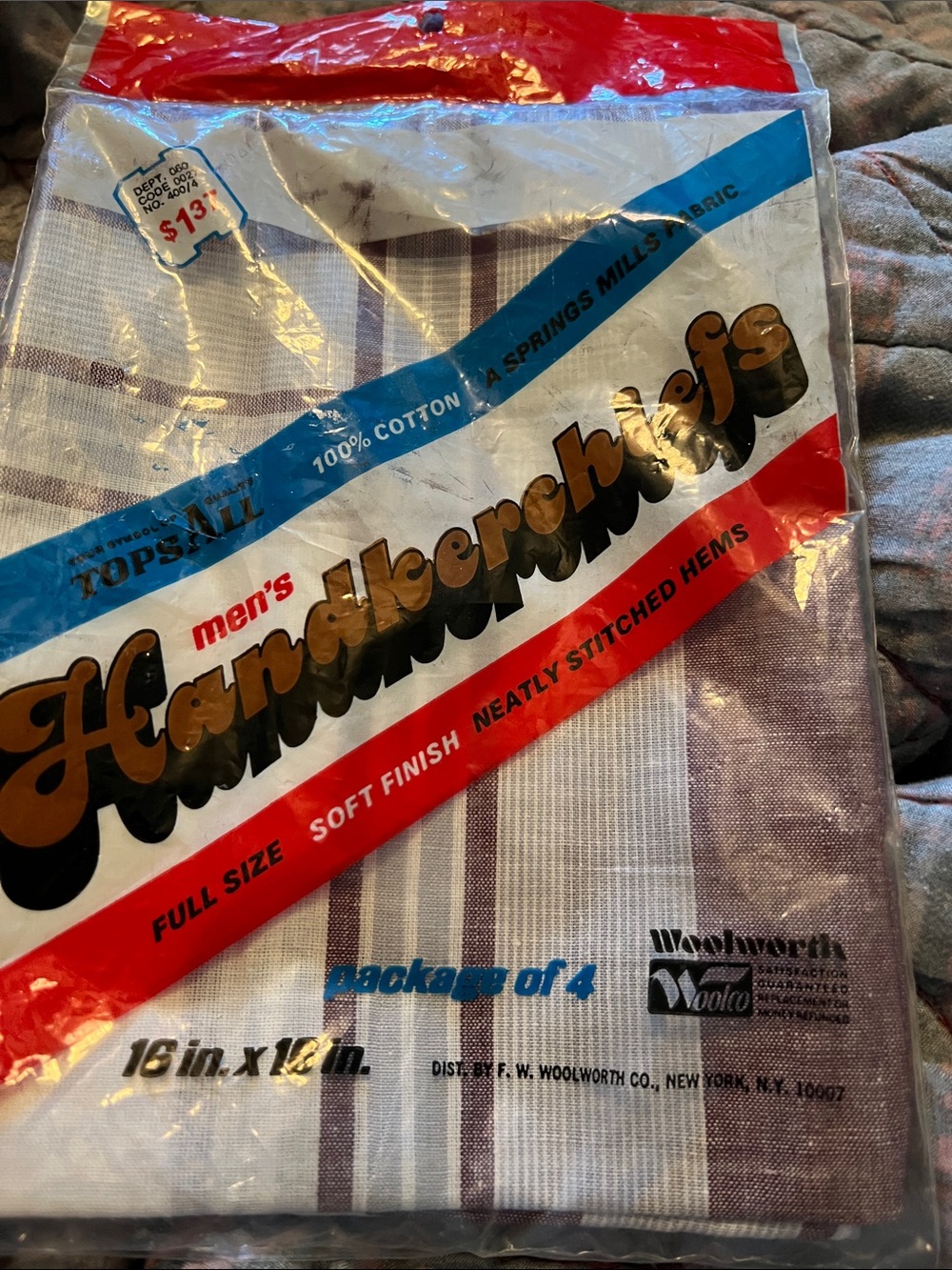 WoolWorth Striped Handkerchiefs in White and Brown, 4 in the pack.